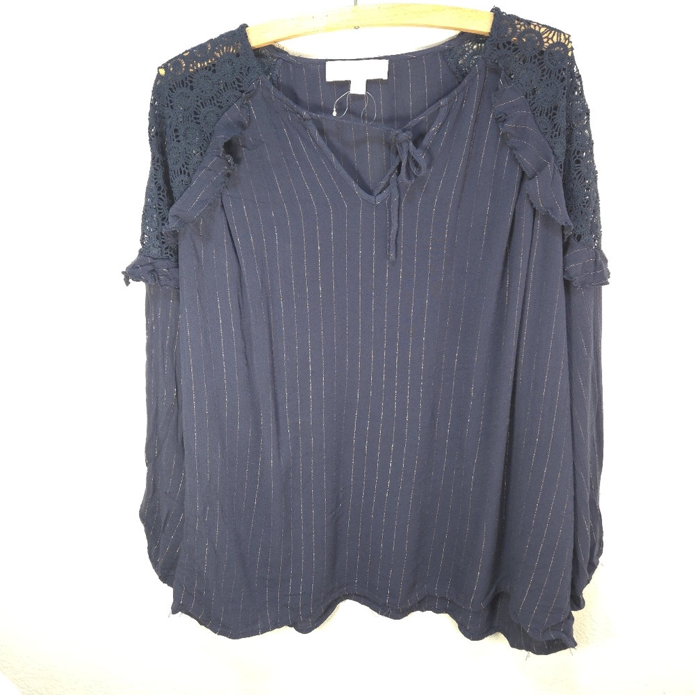 Weekend Suzanne Plus Sz 2X Betro Blue Gold Striped Boho Top Lace Shoulders Women